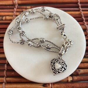 Brighton Three Strand Silver Heart Charm Bracelet with Crystal Accents